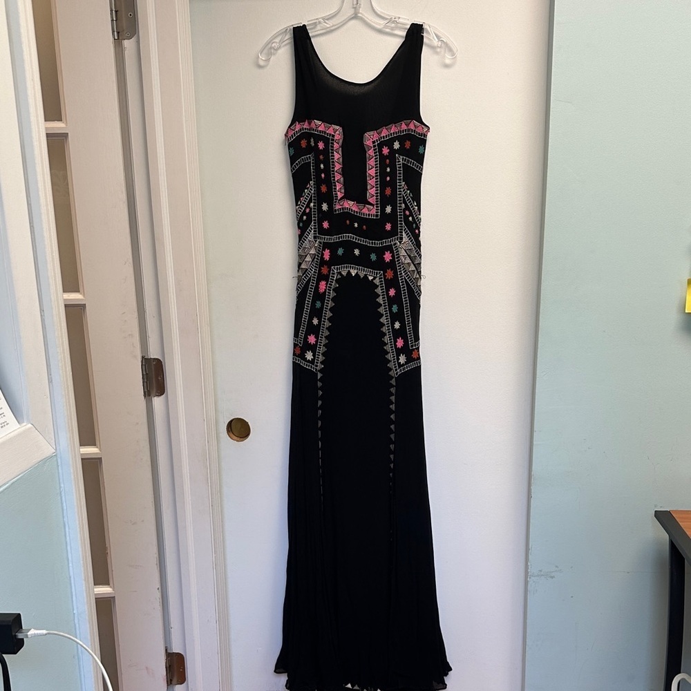Anthropologie Black Maxi Dress with Pink and Silver Patterns